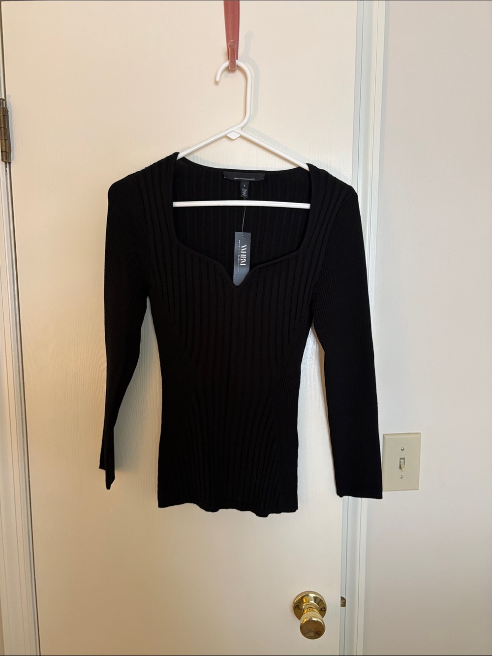 White House Black Market Black Ribbed Scoop-Neck Long Sleeve Top